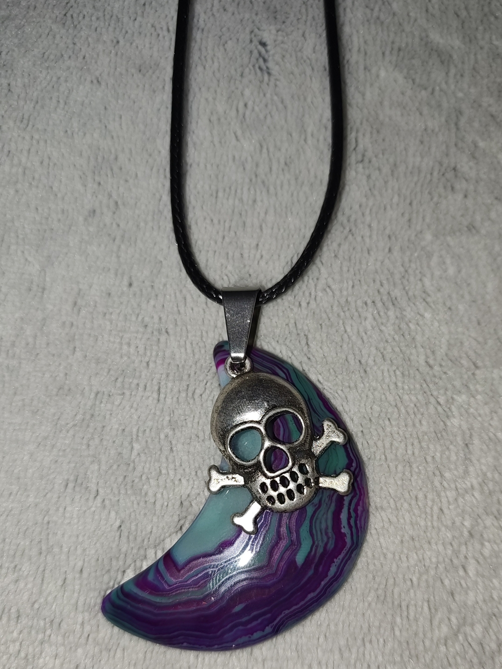 Purple & Teal Crescent Stone Skull  Pendant Necklace - Handmade Jewelry